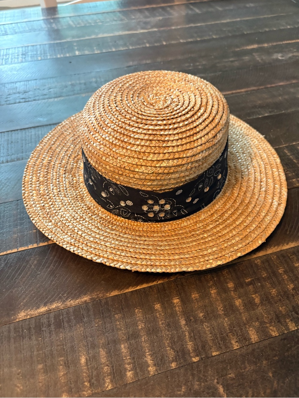 Lightweight Feminine Straw Sun Hat with Black Floral Bandana Bow - Picture 4 of 7